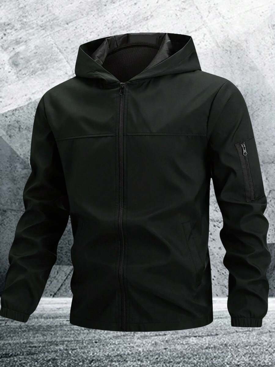 Manfinity Homme 男士长袖连帽拉链户外防风夹克，黑色战术夹克，秋季款 - 軍綠色 - 查看 1