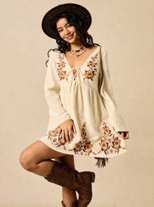 Easelle 女式春夏波西米亚风格花卉刺绣图案系带长袖连衣裙 - 米色 - 查看 7