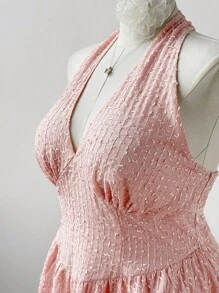 Flirla Vestido Rosa com Gola Halter Feito de Chiffon Jacquard, Tamanhos Plus Size para Mulheres - Rosa chiclete - Visão 3