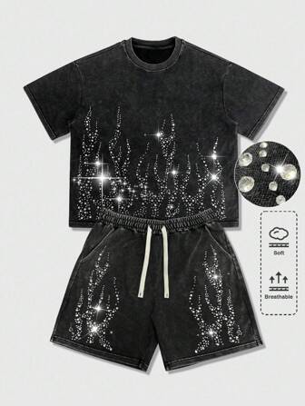 Street Life Conjunto de camiseta casual de manga corta con cuello redondo y estampado de llamas con rhinestone y shorts con cordón en la cintura para hombre