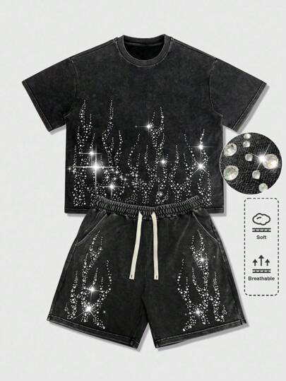 Grunge Punk Herren Strass Flammen-Muster Rundhals Kurzarm Lässig T-Shirt & Shorts mit Kordelzug Taille Set