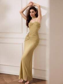 Briarwyn 优雅纯色褶皱紧身连衣裙，秋季女装，复古风女装，女士度假装，优雅派对连衣裙 - 杏色 - 查看 4