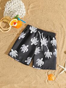 男童黑白海龟图案抽绳裤腰泳裤