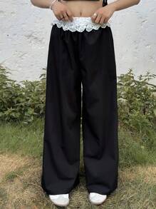 SHEIN Teen Girls' Relaxed Casual Solid Color Splicing Lace Trim Decor Loose Pants