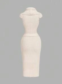 SHEIN MOD Women Off Shoulder Fitted Knit Dress, Solid Color Elegant,Back To School,Business Casual Woman,Vacation Outfits Women,Fall Clothes,Office Outfits For Women,Elegant Dresses For Women,Winter Clothes For Women,Western,Western Wear Women,Vintage - Apricot - View 3