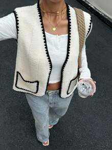 Siren Gaze Veste sans manches femme avec bordure contrastée et poches, veste d'extérieur sans manches avec bordure noire, vintage, rentrée scolaire, automne, hiver