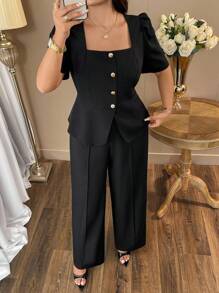 Auvina 女士大码时尚休闲套装 - 方领黑色上衣，腰部设计，阔腿裤，优雅通勤套装，适合春夏季 - 黑色 - 查看 6