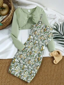 SHEIN Vintaside Kids Conjunto de 2 peças de Top Crop de Manga Longa de Cor Sólida para Menina Tween e Vestido Alça Espaguete com Estampa Floral