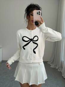 Gloray Minimalist Style Commute & Date-Suitable Bow Embroidered Casual Elegant Knitted Cardigan For Travel Knitted Sweater Fall Cloth For Women - Beige - View 6