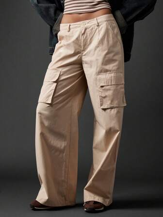 MISSGUIDED Pantalon cargo à jambe large taille haute style utilitaire, mode automne hiver casual streetwear avec poches, ample et décontracté, pantalon de travail