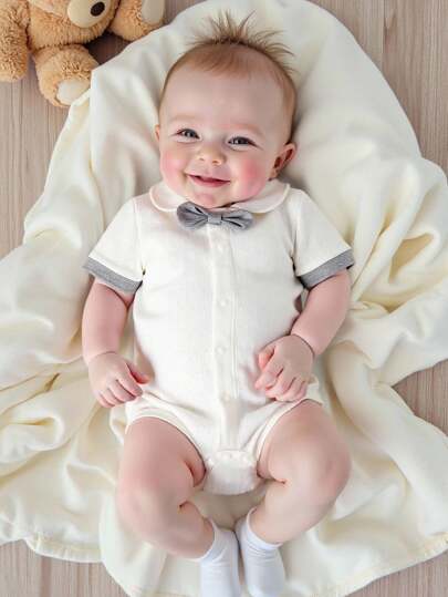 Souflis Souflis Newborn Baby Boy's Gentleman Style Bodysuit, Summer Outfit With Collar Bow Tie, Stylish For 100 Days Celebration, Neutral Baby Clothes Unisex Newborn Boy Clothes Baby Boy Outfit Baby Boy Jumpsuit Toddler And Newborn Matching Outfit 0-18M