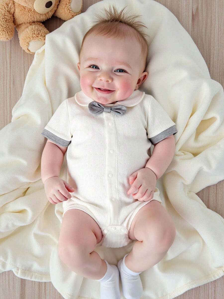 Souflis Souflis Newborn Baby Boy's Gentleman Style Bodysuit, Summer Outfit With Collar Bow Tie, Stylish For 100 Days Celebration, Neutral Baby Clothes Unisex Newborn Boy Clothes Baby Boy Outfit Baby Boy Jumpsuit Toddler And Newborn Matching Outfit 0-18M