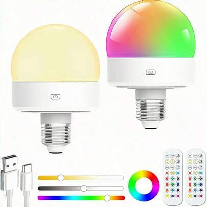 Rechargeable LED Light Bulb E27 Base - Wireless Battery Powered With Remote Control, 10 Color & Brightness Settings For Wall Sconces, Pendant Ceiling Fixtures, Cordless Lamps (2-Pack)