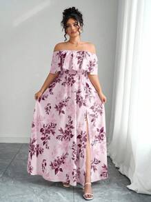 Elenzga 2025 夏季新款大码女装时尚花卉印花露肩荷叶边露肩收腰修身长裙，适合度假、约会、日常通勤、旅行