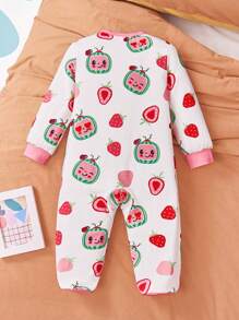 CoComelon X SHEIN 女婴西瓜印花可爱连脚连体睡衣 - 紅白色 - 查看 5
