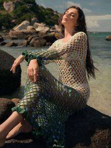 Anewsta 女士夏季度假海滩渐变色渔网亮片鱼尾下摆罩衫 - 彩色 - 查看 5