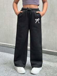 SHEIN 青少年女孩蝴蝶结印花黑色休闲运动裤，时尚百搭，宽松舒适，适合日常穿着的长裤 - 黑色 - 查看 3