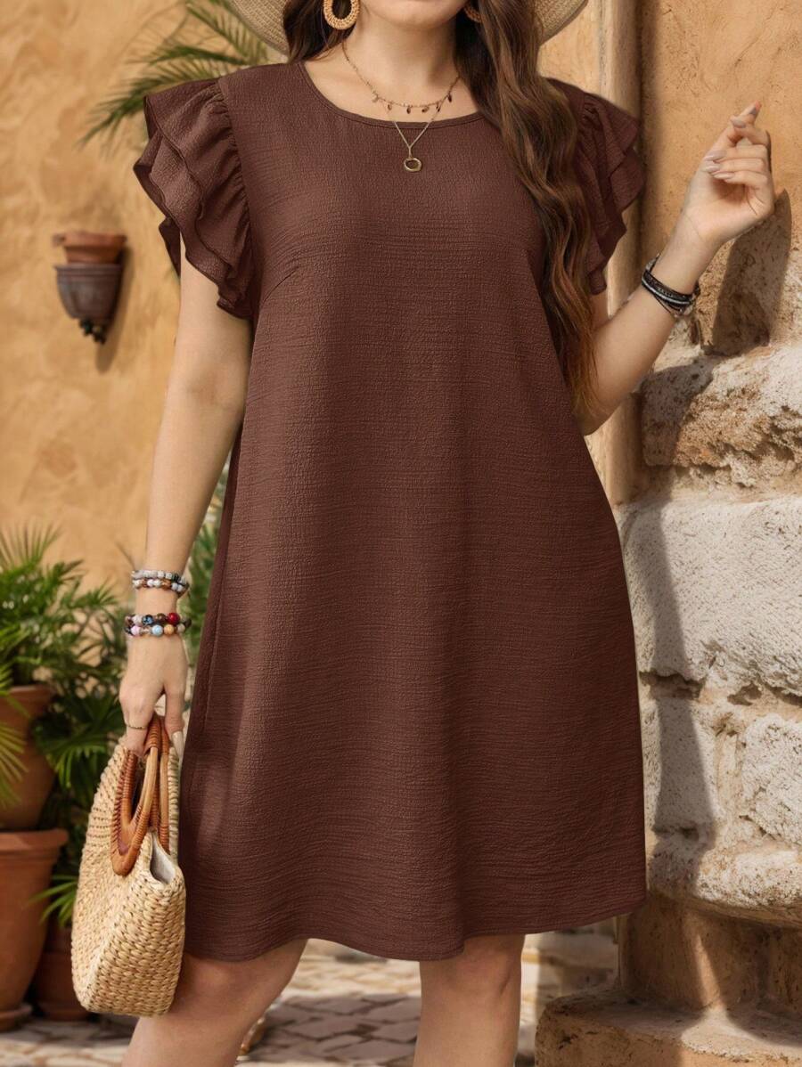 EMERY ROSE Damen Große Größen Sommer Einfarbig Flügelärmel gerades Lässig Kleid