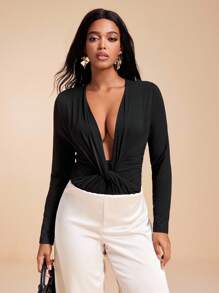 MIRENZI Black Knit Jersey Front Twist Long Sleeve Low-V Sexy Bodysuit Women Summer Vacation Casual - Black - View 7