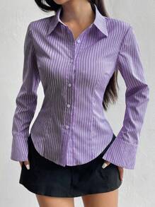 Sweetra 女士长袖单排扣休闲修身条纹衬衫 - 紫色 - 查看 5