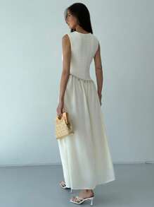 Aloruh Women's Casual Sleeveless Contrast Lace And Sequins Shell Decor Flowy Hem Dress, Summer - Apricot - View 3