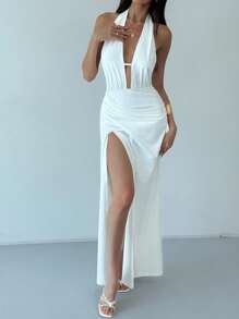 Aloruh 全新性感高开叉露背吊带系带修身弹力镂空修身全长派对礼服，白色，生日/活动鸡尾酒会礼服 - 白色 - 查看 6