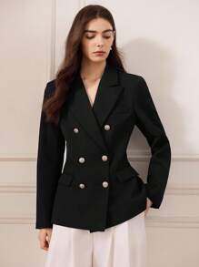 Briarwyn 女士优雅通勤纯色双排扣西装外套，秋季女士，冬季女士，老款风格，返校，复古女士，女士教师，冬季夹克 - 黑色 - 查看 1