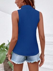 Breezaya 女士休闲无袖纯色纽扣衬衫，简约日常穿着，夏季 - 藍色 - 查看 2