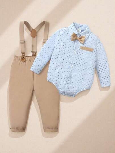 SHEIN 2pcs Baby Boy Polka Dot Long Sleeve Bowknot Shirt Bodysuit + Comfortable Suspender Pants Gentleman Outfit Set, Suitable For Daily Casual, Formal Dress, Baby Party, Halloween & Christmas Baby Boy Elegant Outfitbaby Boy Outfit Mochaformal Outfit For Baby Boybaby Boy Suit Set