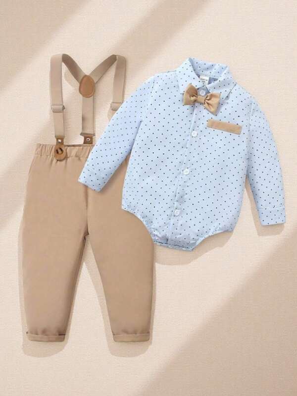 SHEIN 2pcs Baby Boy Polka Dot Long Sleeve Bowknot Shirt Bodysuit + Comfortable Suspender Pants Gentleman Outfit Set, Suitable For Daily Casual, Formal Dress, Baby Party, Halloween & Christmas Baby Boy Elegant Outfitbaby Boy Outfit Mochaformal Outfit For Baby Boybaby Boy Suit Set
