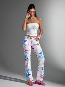 SHEIN Jeanoir Women's Fashion Tie-Dye Print Slim Flare Leg Jeans - Blue - View 5