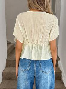 Easowa V 领褶皱腰 A 字形上衣，采用透明面料，女士休闲优雅假日装，春夏冬季老式风格正式上衣，外出办公室装束前系带上衣，秋季老式风格机场商务休闲可爱上衣 - 白色 - 查看 2