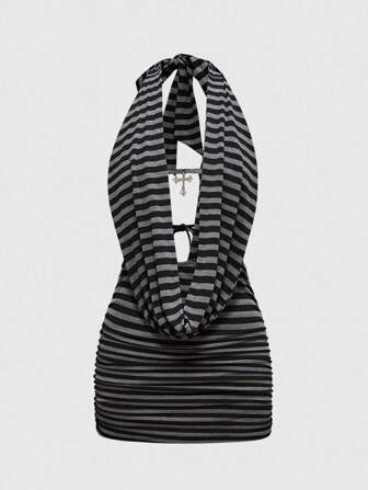 Sexy Y2K Cross Pendant Draped Neck Beaded Backless Dress, Summer Vacation Western Wear For Women