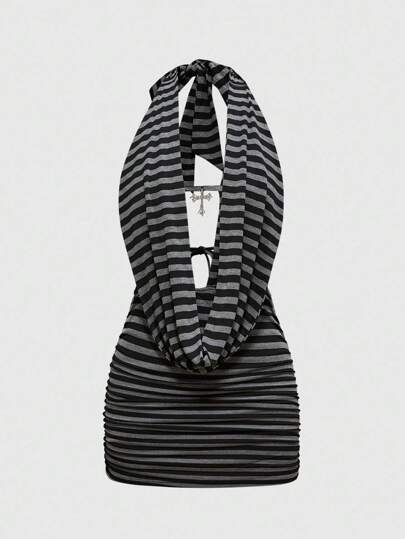 Sexy Y2K Cross Pendant Draped Neck Beaded Backless Dress, Summer Vacation Western Wear For Women