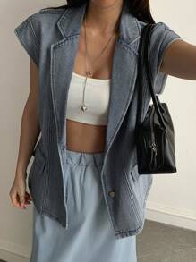 Livesso 女士牛仔翻领宽松休闲背心 - 藍色 - 查看 6