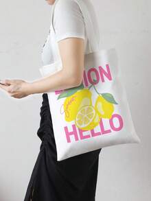 ROMWE Fairycore Reusable Lemon Print Canvas Tote Bag, With Graphic Pattern Shoulder Bag, Suitable For Shopping, Sporty, Preppy, Color Block, Letter Print - Black - View 4