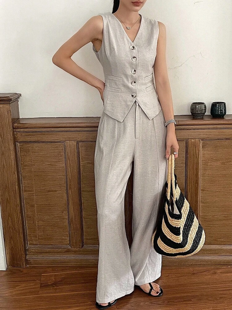 Women Single-Breasted Vest And Pants Casual 2 Pieces Set