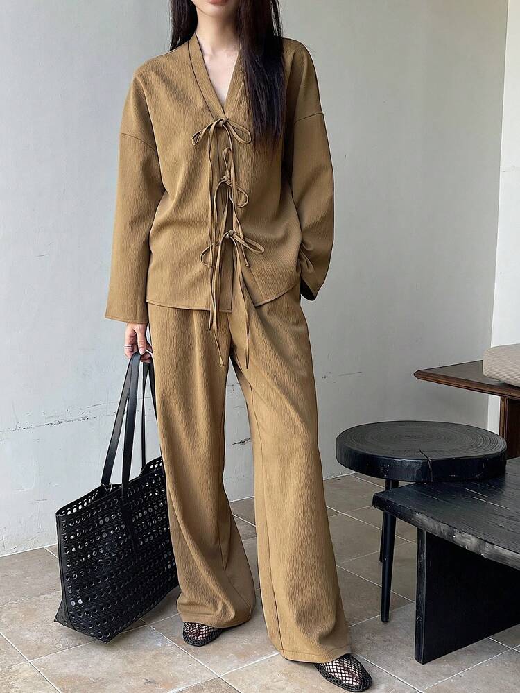 2pcs Women Casual Commuter Solid Color Shirt And Drawstring Pants Suit
