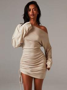 Athîral 时尚性感纯色不对称领侧抽绳迷你连衣裙 - 卡其色 - 查看 6