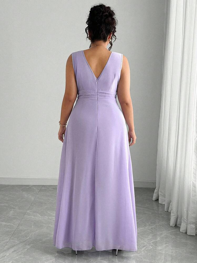 Elenzga Mono elegante con cuello en V sin mangas y drapeado para mujer talla grande - Morado - Añade 2