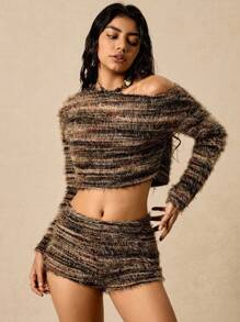 Easelle Women's Chic Fuzzy Knit Two Piece Set,Autumn Brunch Asymmetrical Shoulder Long Sleeve Crop Top And Shorts,All Shades Of Brown Sweater Set - Multicolor - View 3