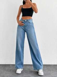 RueChic High Waist Straight Leg Jeans - Light Wash - View 5