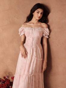 Savoree 优雅花卉印花泡泡袖系腰蕾丝边连衣裙，适合女士，婚礼宾客礼服，仙女裙，露肩