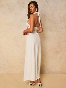 COSMINA Vestido largo tejido con botones y calado elegante para mujer, adecuado para vacaciones, primavera/verano - Albaricoque - Ver 1