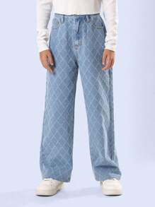 SUMWON Diamond Pattern Wide Leg Jeans Trendsetter Denim Pants With Vintage Distressed All Over Pattern Classic High Rise School Weekend Casual Bottoms - Light Wash - View 1