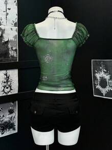 EgrlEra Retro Crop Top For Women, Puff Sleeve, Square Neck, Webbing Ribbon Mesh Splice, Form Fitting - Green - View 2