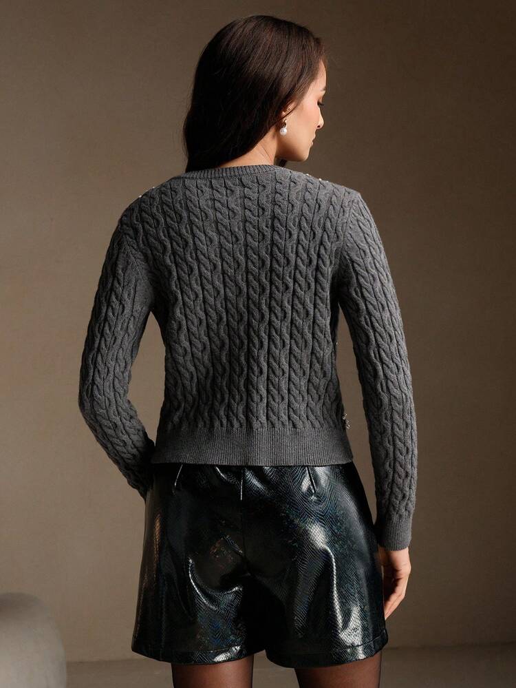 Cardigan Elegante Feminino com Flores Torcidas e Contas, Suéter de Malha de Gola Redonda de Manga Longa Cinza, Outono/Inverno