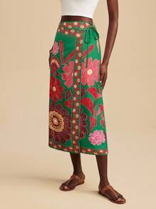 Travachic 女士休闲花卉印花系带裹膝裙，度假风格