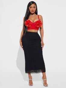 Radiana Red Floral 3D Decor Camisole Top With Adjustable Straps And Cups, Elegant For Vacation, Date, Casual, Street, Nightclub Party