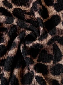 SHEIN Ellevyn 女式优雅豹纹修身打底 T 恤，蕾丝拼接透视性感闪亮水钻重饰 T 恤，秋季 - 咖啡棕 - 查看 4